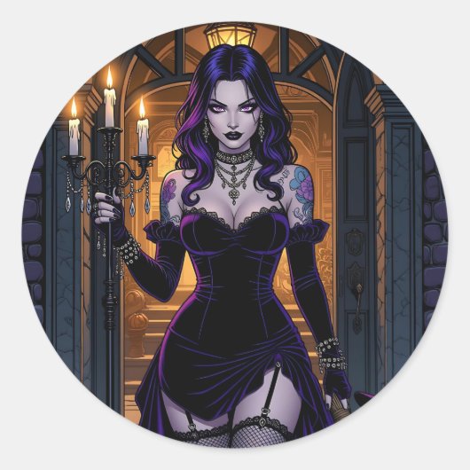Sticker Rond Sorcière noire et violette avec Halloween Candelab (Devant)