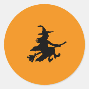 Sticker Rond Sorcière noire sur orange