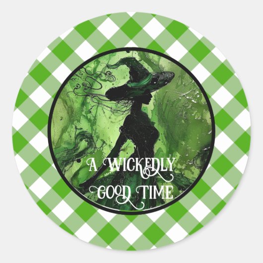 Sticker Rond Sorcière peinte vert gingham carreaux (Devant)