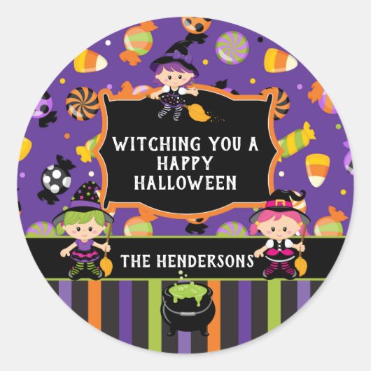 Sticker Rond Sorcière personnalisée Happy Halloween (Devant)