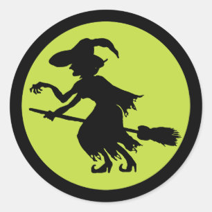Sticker Rond Sorcière rétro sur Broom Silhouette