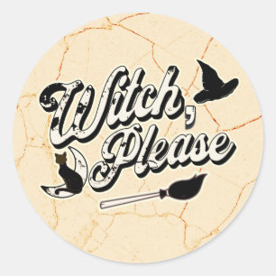 Sticker Rond Sorcière s'il vous plaît, Halloween Vintage Chat N