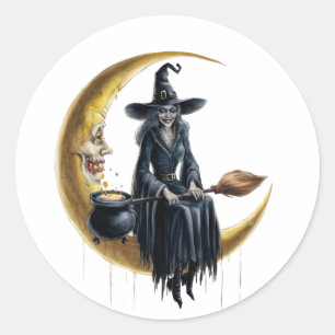 Sticker Rond Sorcière sur l'ensemble d'autocollants Lune