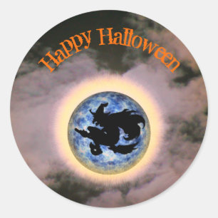 Sticker Rond Sorcière sur Pleine lune Broomstick Halloween
