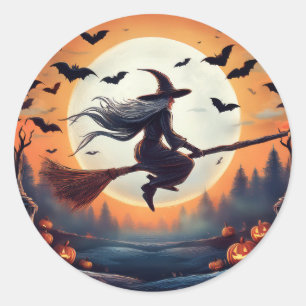Sticker Rond Sorcière sur un Broomstick au clair de lune avec c