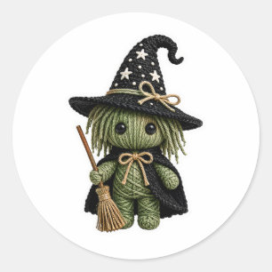 Sticker Rond Sorcière verte cousue de style Amigurumi avec bala