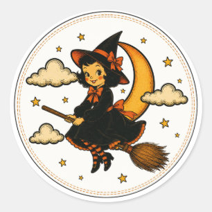 Sticker Rond Sorcière Vintage à Vélo Balai Halloween