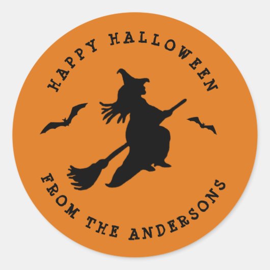 Sticker Rond Sorcière volante Halloween noir et orange (Devant)
