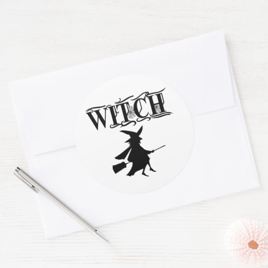 Sticker Rond Sorcière volante méchante noire Halloween (Enveloppe)