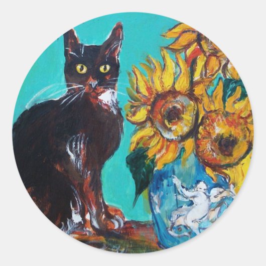 STICKER ROND SOUCHES AVEC CHAT NOIR EN TURQUOISE BLEUE (Devant)