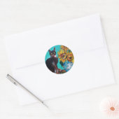 STICKER ROND SOUCHES AVEC CHAT NOIR EN TURQUOISE BLEUE (Enveloppe)