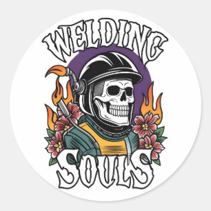 Sticker Rond Soudage des âmes Retro Casque casque Flames Art