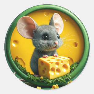 Sticker Rond Souris adorable tenant du fromage