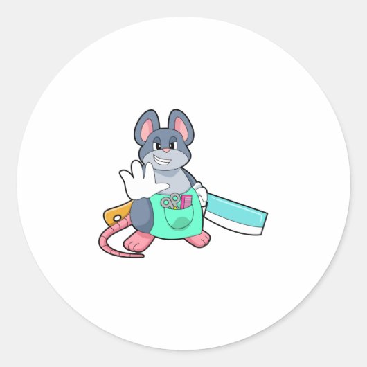 Sticker Rond Souris comme coiffeur avec ciseaux et comble (Devant)