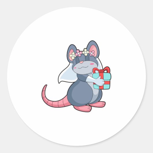 Sticker Rond Souris comme mariée avec voile et cadeau.PNG (Devant)