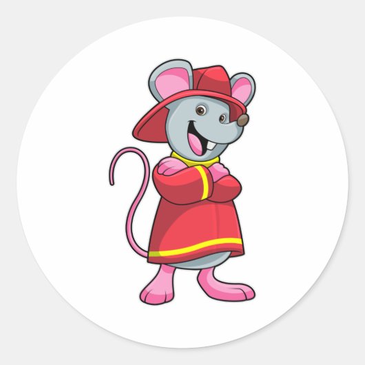 Sticker Rond Souris comme pompier avec casque (Devant)