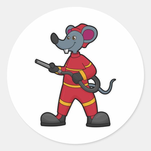 Sticker Rond Souris comme pompier avec tuyau (Devant)