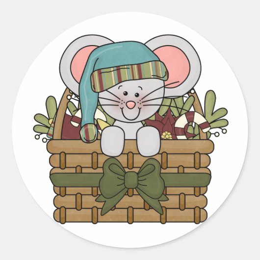Sticker Rond Souris de Noël dans le panier (Devant)