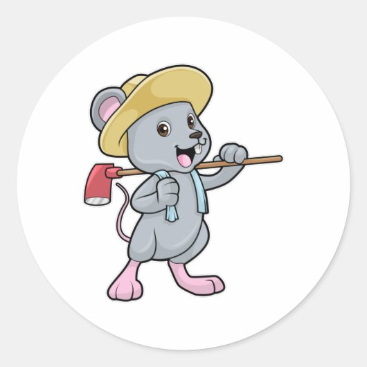 Sticker Rond Souris en fermier avec Ax et Casquette (Devant)