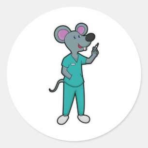 Sticker Rond Souris infirmière à la vaccination avec seringue