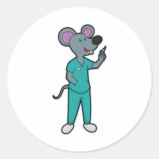 Sticker Rond Souris infirmière à la vaccination avec seringue (Devant)