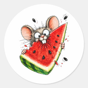 Sticker Rond Souris joyeuse mange pastèque