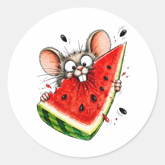 Sticker Rond Souris joyeuse mange pastèque (Devant)