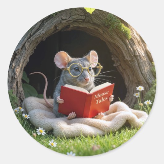 Sticker Rond Souris lisant un livre rouge sur une couverture (Devant)