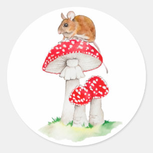 Sticker Rond Souris mignonne à la mouche aquarelle agarique