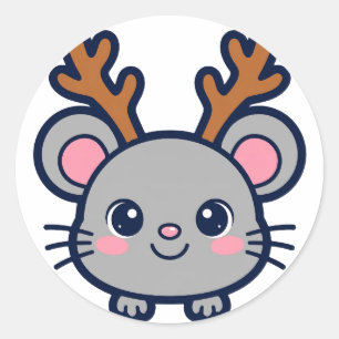 Sticker Rond Souris Renne de Noël
