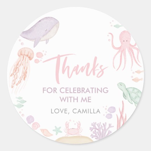 Sticker Rond Sous la mer 1er anniversaire Merci fille (Devant)