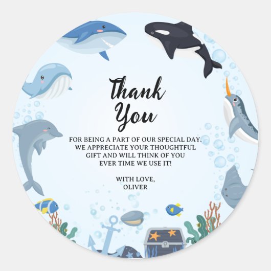 Sticker Rond Sous la mer Dauphin Requin Baleines Anniversaire (Devant)