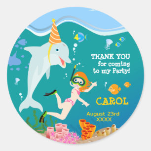 Sticker Rond Sous la mer dauphins et fête d'anniversaire fille