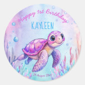 Sticker Rond Sous la mer mignonne tortue rose violet anniversai (Devant)