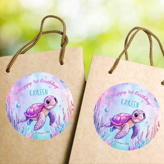 Sticker Rond Sous la mer mignonne tortue rose violet anniversai