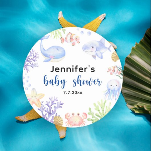 Sticker Rond Sous Le Baby shower De La Mer Animaux