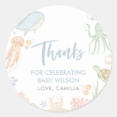 Sticker Rond Sous le Baby shower marin, le Merci privilégie (Devant)