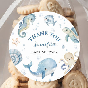 Sticker Rond Sous le Baby shower Sea Blue Boy Watercolor
