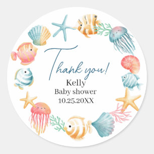 Sticker Rond Sous le Baby shower Sea Ocean Watercolor merci