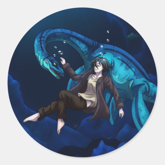Sticker Rond Sous l'eau avec Plesiosaurus (Devant)