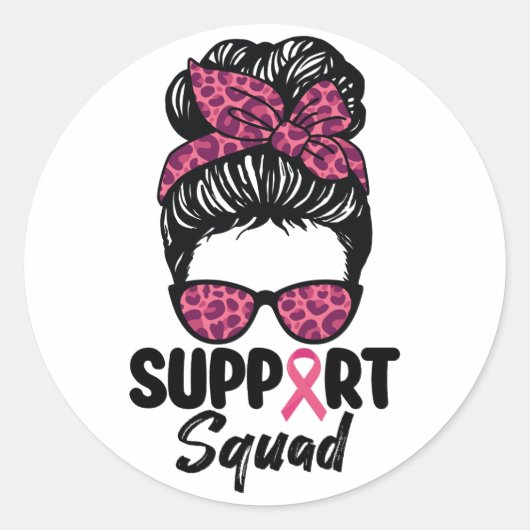 Sticker Rond Soutien Squad Messy Bun Pink Warrior Cancer du sei (Devant)
