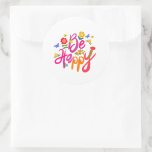Sticker Rond Soyez Heureux – Floral Coloré et Papillon Bohème