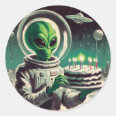 Sticker Rond Space Alien with Birthday Cake UFO Flying Saucer  (Devant)