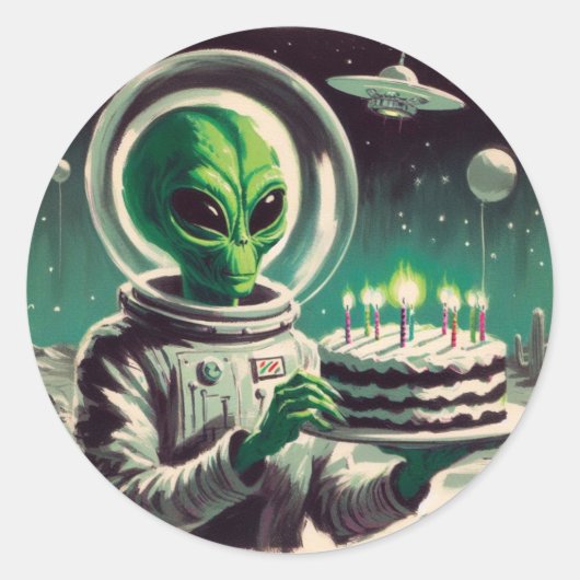 Sticker Rond Space Alien with Birthday Cake UFO Flying Saucer (Devant)