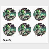 Sticker Rond Space Alien with Birthday Cake UFO Flying Saucer  (Feuille)