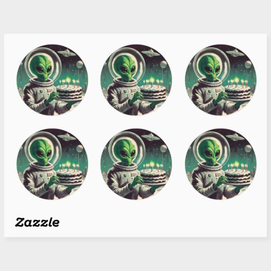 Sticker Rond Space Alien with Birthday Cake UFO Flying Saucer  (Feuille)