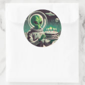 Sticker Rond Space Alien with Birthday Cake UFO Flying Saucer  (Sac)