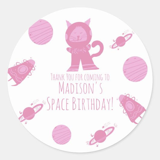 Sticker Rond Space Cat Pink Galaxy Anniversaire (Devant)