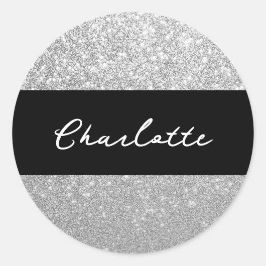 Sticker Rond Sparkle de luxe Silver Nom de la Parties scintilla (Devant)
