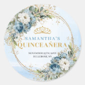 Sticker Rond Sparkling Dusty Blue Gold Greenery 15th Birthday   (Devant)